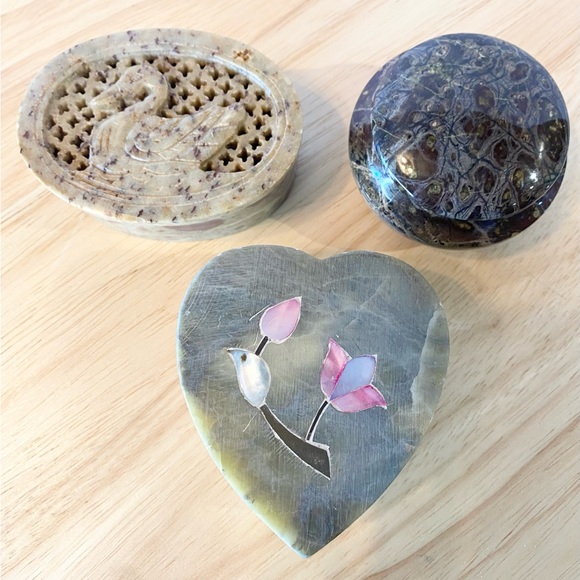 Vintage Stone Trinket Box Collection Mother Of Pearl Set 3 Soapstone Jewelry - Picture 2 of 6